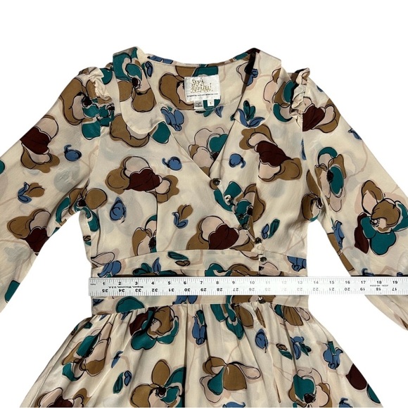 Vtg SARA BERMAN Silk Floral Chiffon Wrap Dress sz S Brown Blue Abalone Buttons - Picture 4 of 13